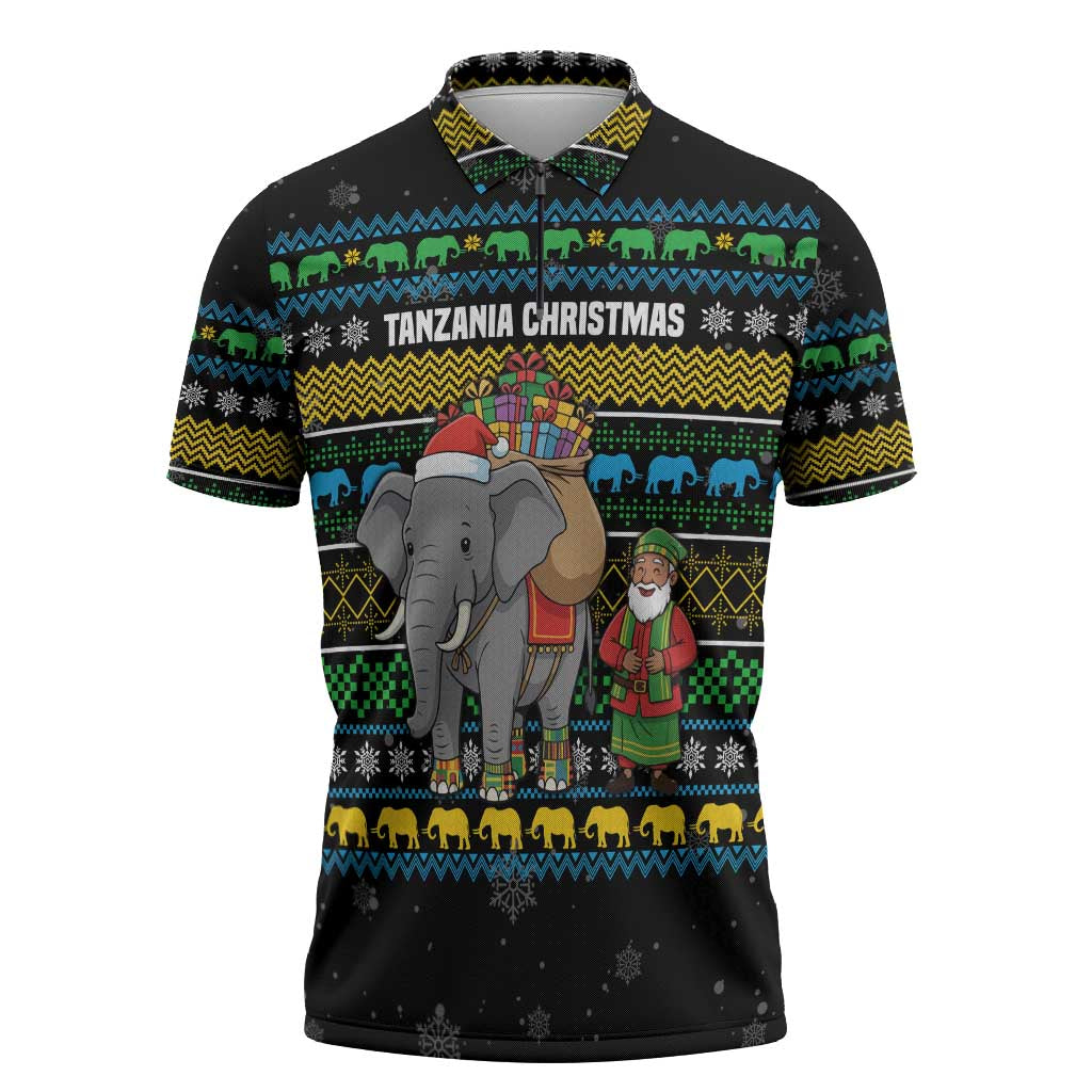 Tanzania Christmas Zipper Polo Shirt with Santa Riding Elephant Snowflakes and Colorful African - Wonder Print Shop