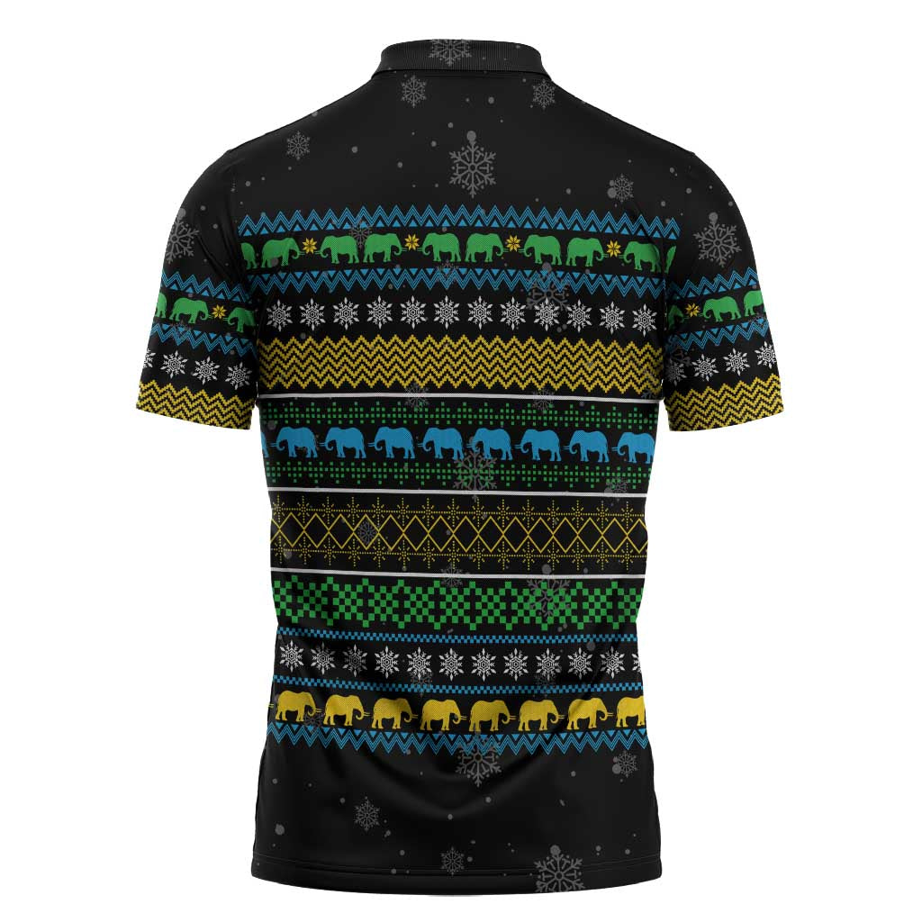 Tanzania Christmas Zipper Polo Shirt with Santa Riding Elephant Snowflakes and Colorful African - Wonder Print Shop