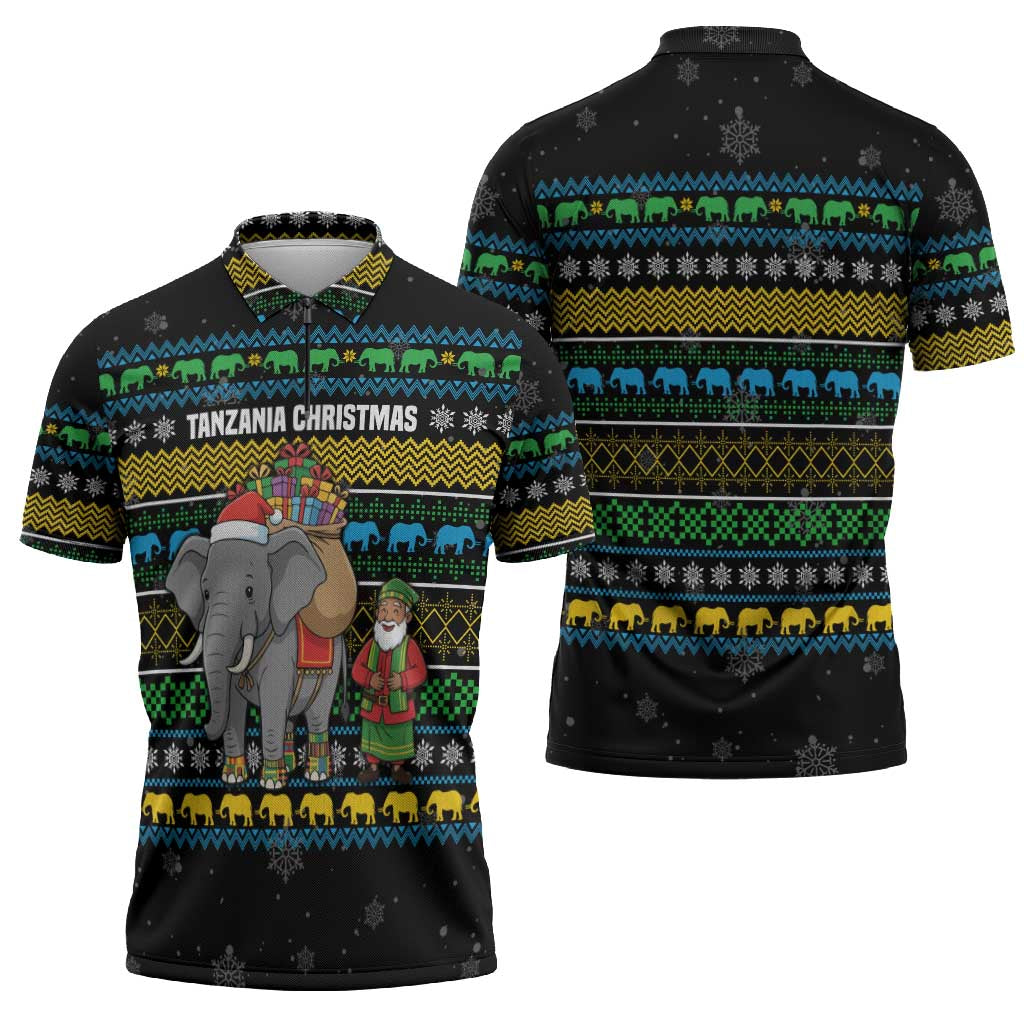 Tanzania Christmas Zipper Polo Shirt with Santa Riding Elephant Snowflakes and Colorful African - Wonder Print Shop