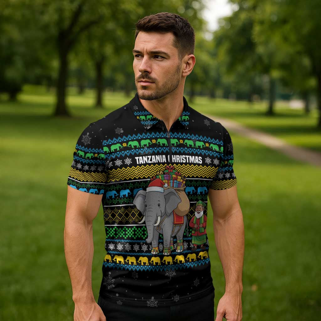Tanzania Christmas Zipper Polo Shirt with Santa Riding Elephant Snowflakes and Colorful African - Wonder Print Shop