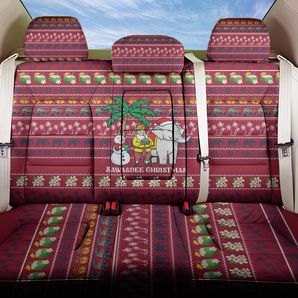 Thailand Christmas Back Car Seat Cover with Santa Elephant Snowman Palm Tree and Sawasdee Holiday - Wonder Print Shop