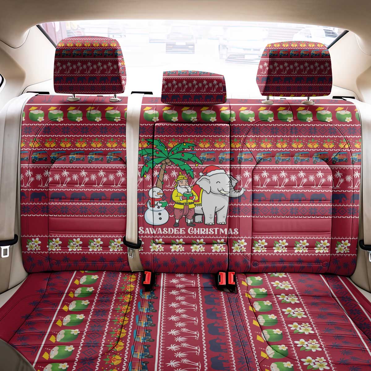 Thailand Christmas Back Car Seat Cover with Santa Elephant Snowman Palm Tree and Sawasdee Holiday - Wonder Print Shop
