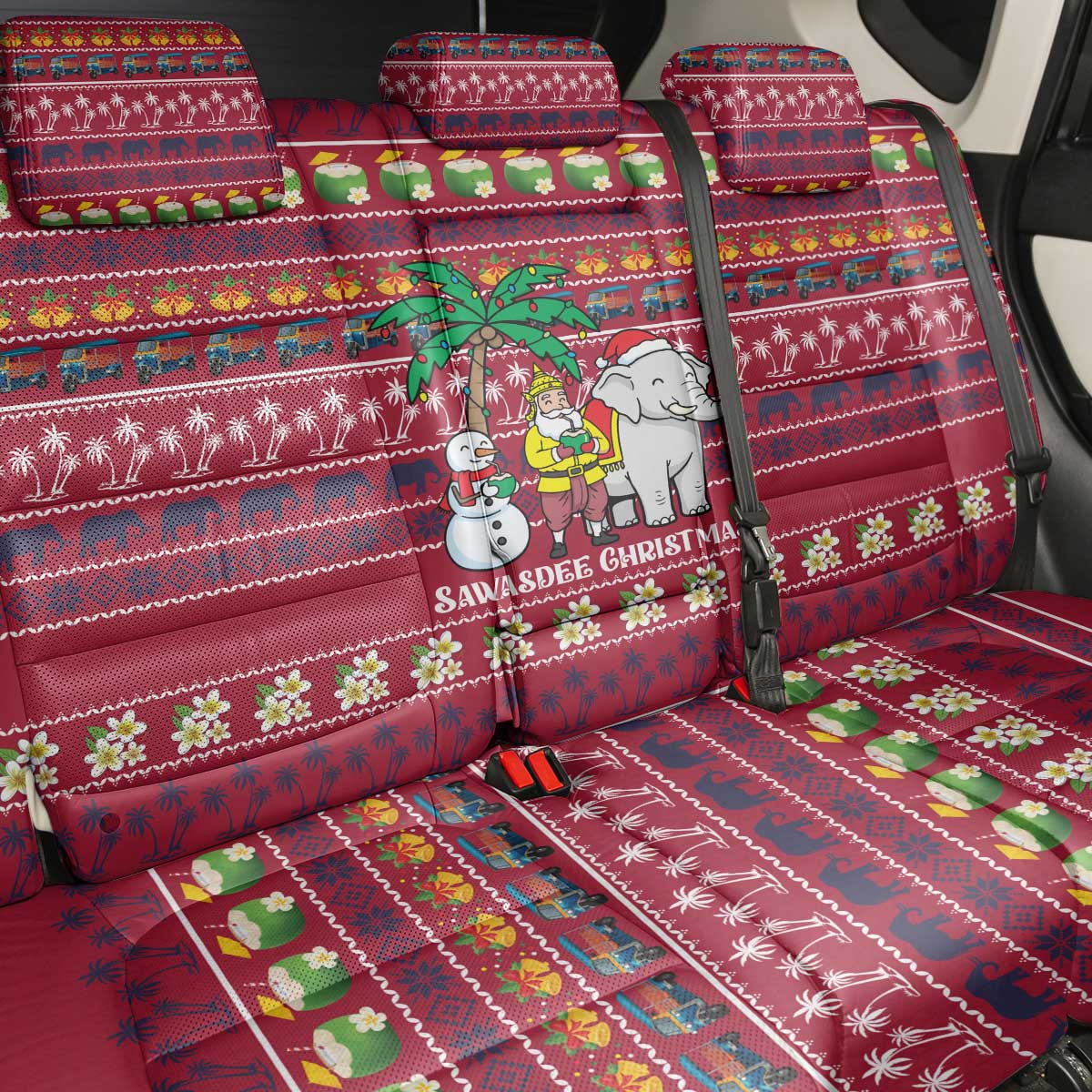 Thailand Christmas Back Car Seat Cover with Santa Elephant Snowman Palm Tree and Sawasdee Holiday - Wonder Print Shop