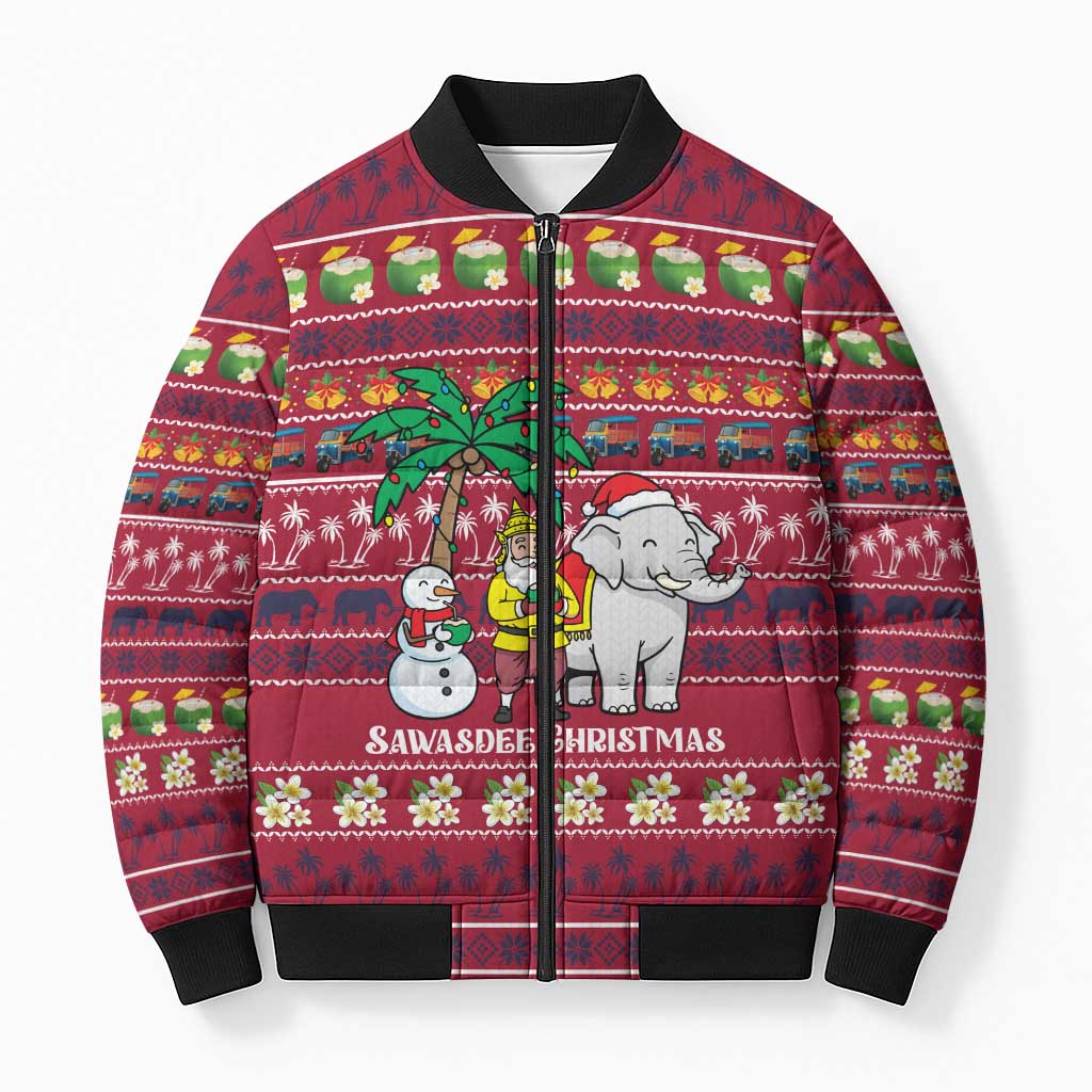 Thailand Christmas Bomber Puffer Jacket with Santa Elephant Snowman Palm Tree and Sawasdee Holiday - Wonder Print Shop