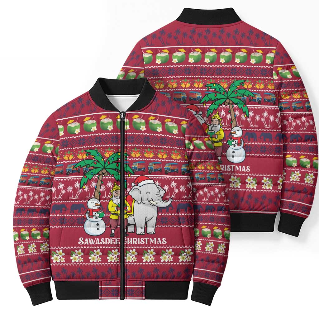 Thailand Christmas Bomber Puffer Jacket with Santa Elephant Snowman Palm Tree and Sawasdee Holiday - Wonder Print Shop