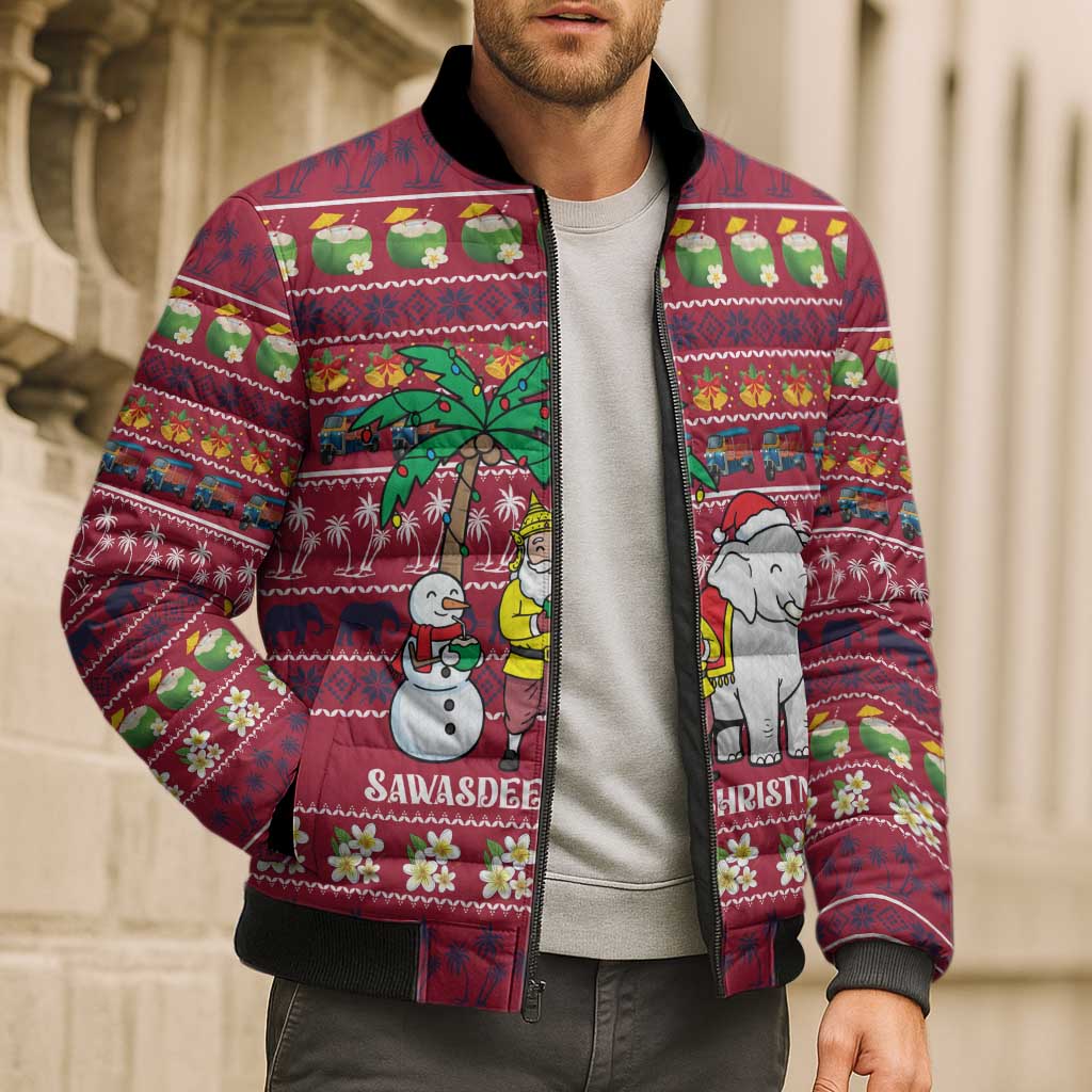 Thailand Christmas Bomber Puffer Jacket with Santa Elephant Snowman Palm Tree and Sawasdee Holiday - Wonder Print Shop