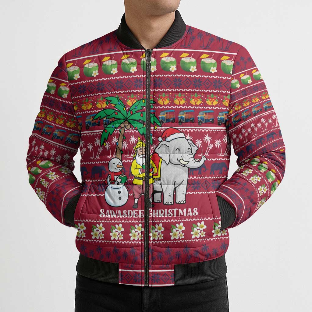 Thailand Christmas Bomber Puffer Jacket with Santa Elephant Snowman Palm Tree and Sawasdee Holiday - Wonder Print Shop