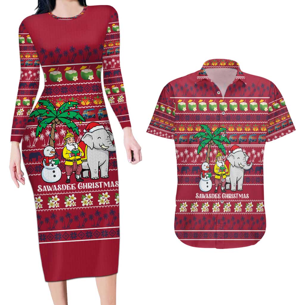 Thailand Christmas Couples Matching Long Sleeve Bodycon Dress and Hawaiian Shirt with Santa Elephant Snowman Palm Tree and Sawasdee Holiday - Wonder Print Shop