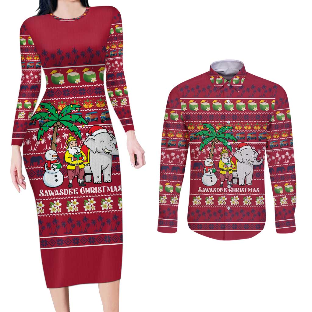 Thailand Christmas Couples Matching Long Sleeve Bodycon Dress and Long Sleeve Button Shirt with Santa Elephant Snowman Palm Tree and Sawasdee Holiday - Wonder Print Shop