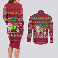 Thailand Christmas Couples Matching Long Sleeve Bodycon Dress and Long Sleeve Button Shirt with Santa Elephant Snowman Palm Tree and Sawasdee Holiday - Wonder Print Shop