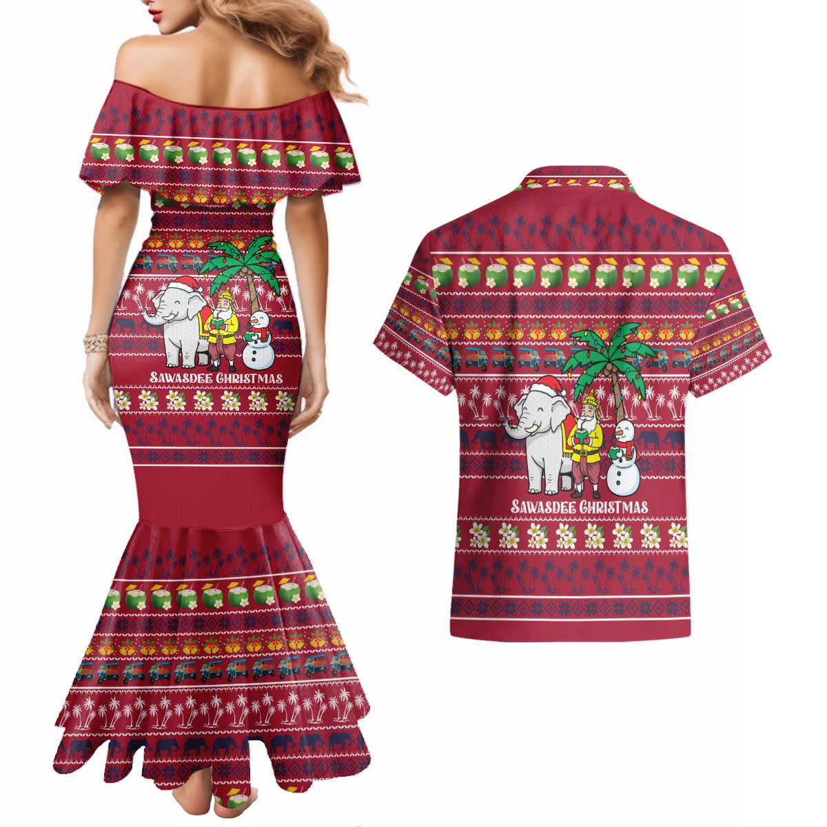 Thailand Christmas Couples Matching Mermaid Dress and Hawaiian Shirt with Santa Elephant Snowman Palm Tree and Sawasdee Holiday - Wonder Print Shop