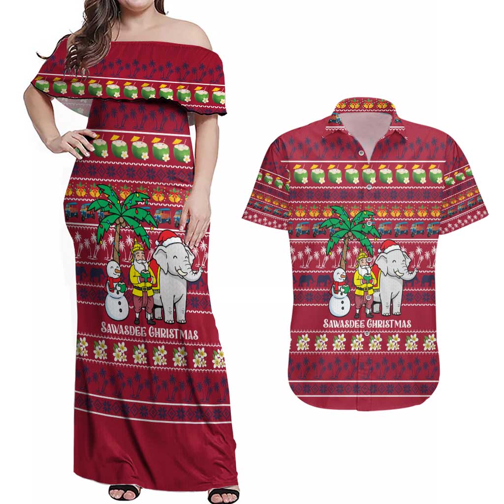 Thailand Christmas Couples Matching Off Shoulder Maxi Dress and Hawaiian Shirt with Santa Elephant Snowman Palm Tree and Sawasdee Holiday - Wonder Print Shop