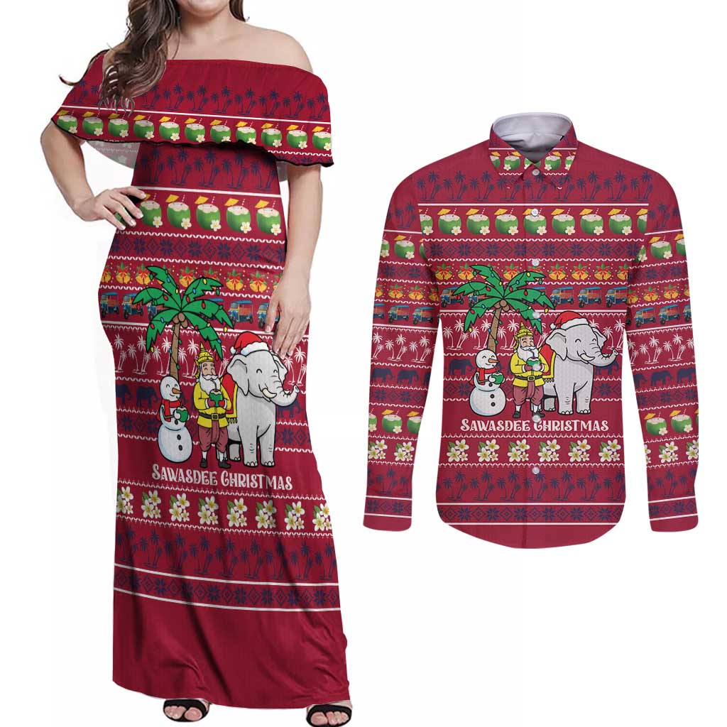 Thailand Christmas Couples Matching Off Shoulder Maxi Dress and Long Sleeve Button Shirt with Santa Elephant Snowman Palm Tree and Sawasdee Holiday - Wonder Print Shop