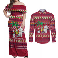 Thailand Christmas Couples Matching Off Shoulder Maxi Dress and Long Sleeve Button Shirt with Santa Elephant Snowman Palm Tree and Sawasdee Holiday - Wonder Print Shop