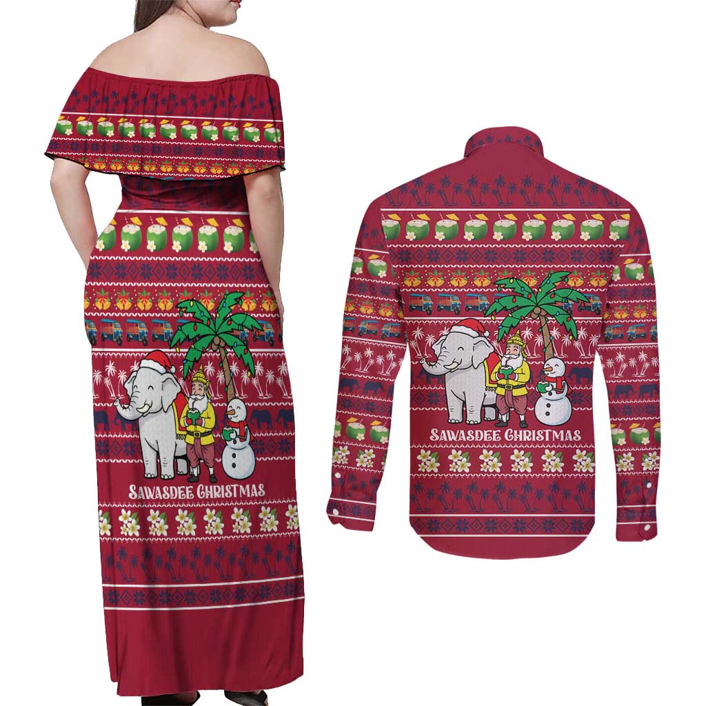 Thailand Christmas Couples Matching Off Shoulder Maxi Dress and Long Sleeve Button Shirt with Santa Elephant Snowman Palm Tree and Sawasdee Holiday - Wonder Print Shop