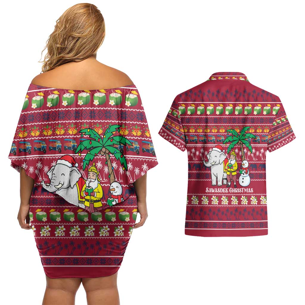 Thailand Christmas Couples Matching Off Shoulder Short Dress and Hawaiian Shirt with Santa Elephant Snowman Palm Tree and Sawasdee Holiday - Wonder Print Shop