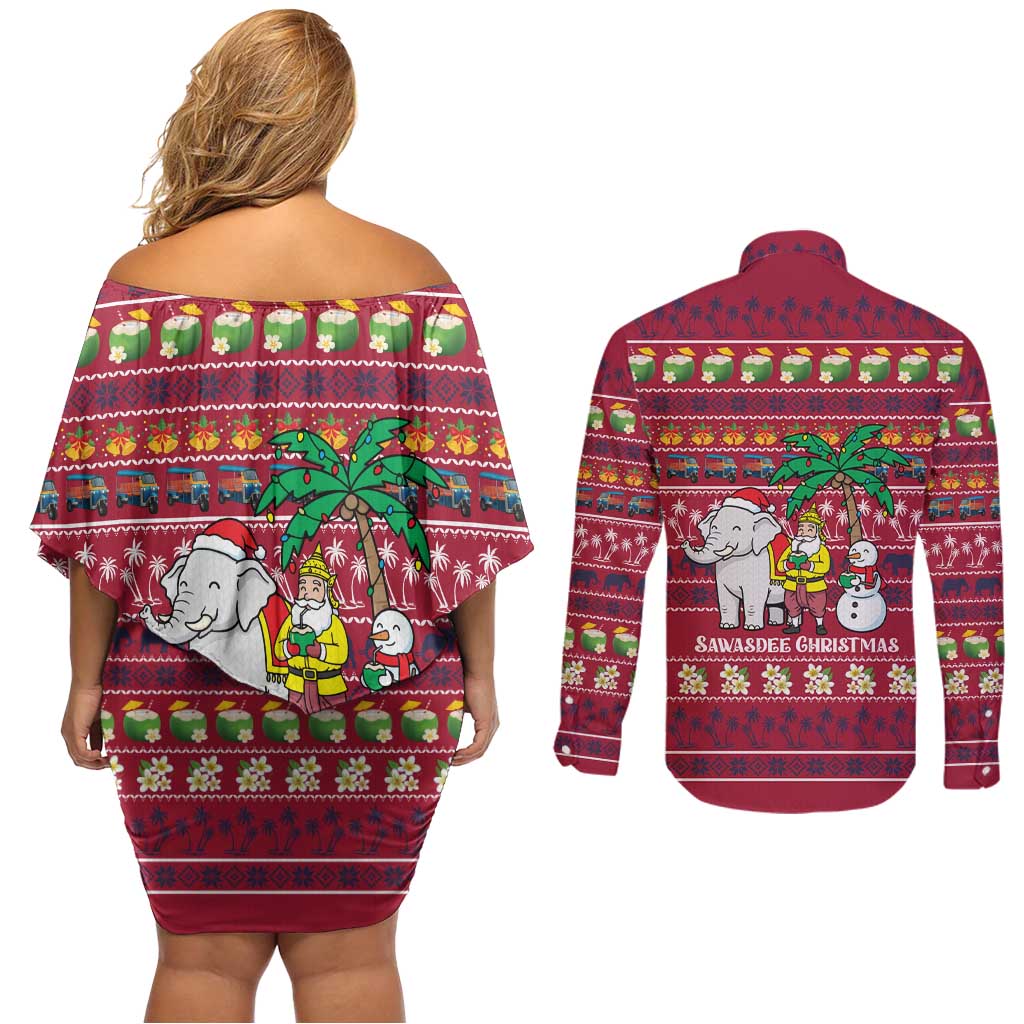 Thailand Christmas Couples Matching Off Shoulder Short Dress and Long Sleeve Button Shirt with Santa Elephant Snowman Palm Tree and Sawasdee Holiday - Wonder Print Shop