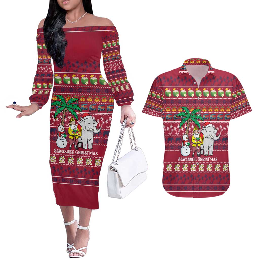 Thailand Christmas Couples Matching Off The Shoulder Long Sleeve Dress and Hawaiian Shirt with Santa Elephant Snowman Palm Tree and Sawasdee Holiday - Wonder Print Shop