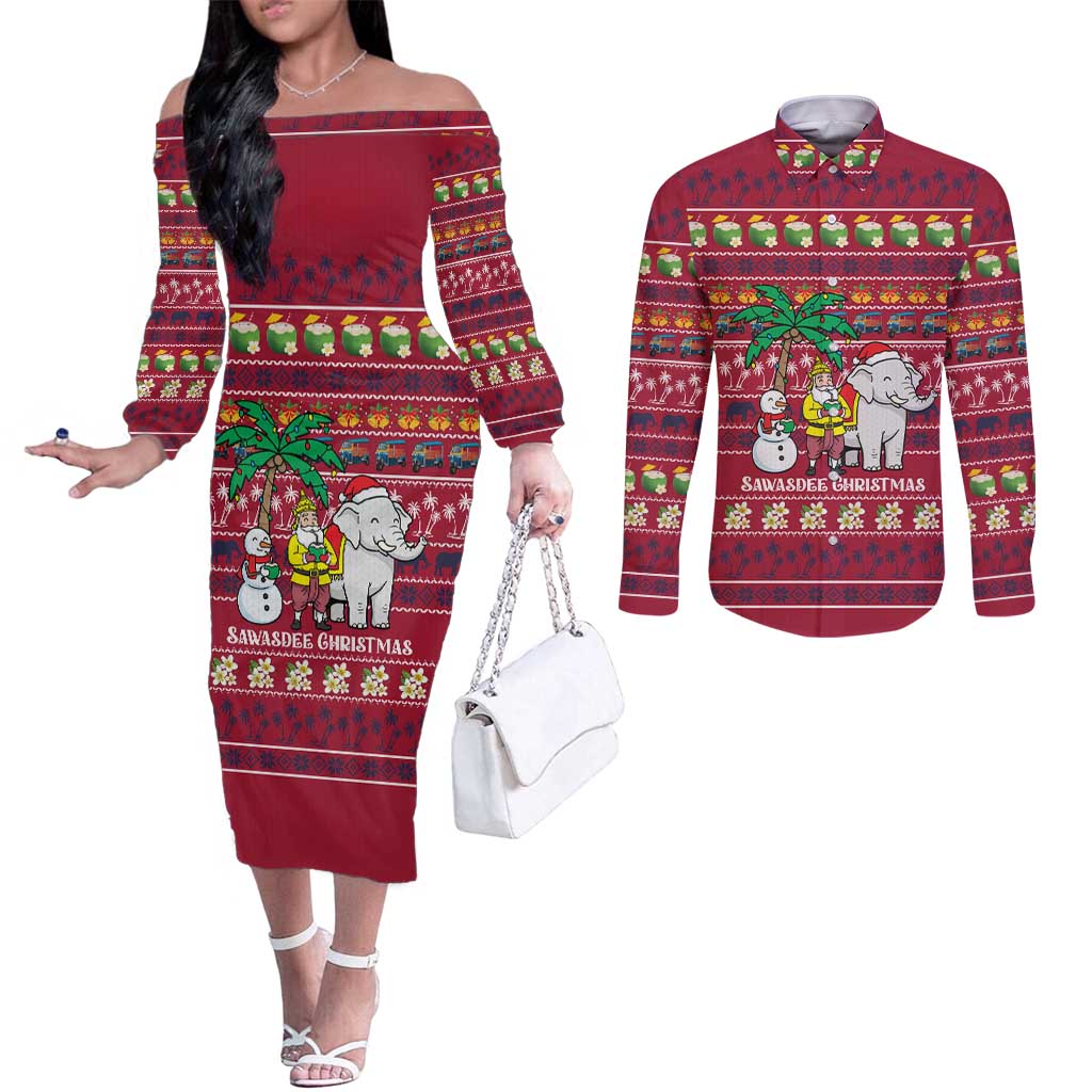 Thailand Christmas Couples Matching Off The Shoulder Long Sleeve Dress and Long Sleeve Button Shirt with Santa Elephant Snowman Palm Tree and Sawasdee Holiday - Wonder Print Shop