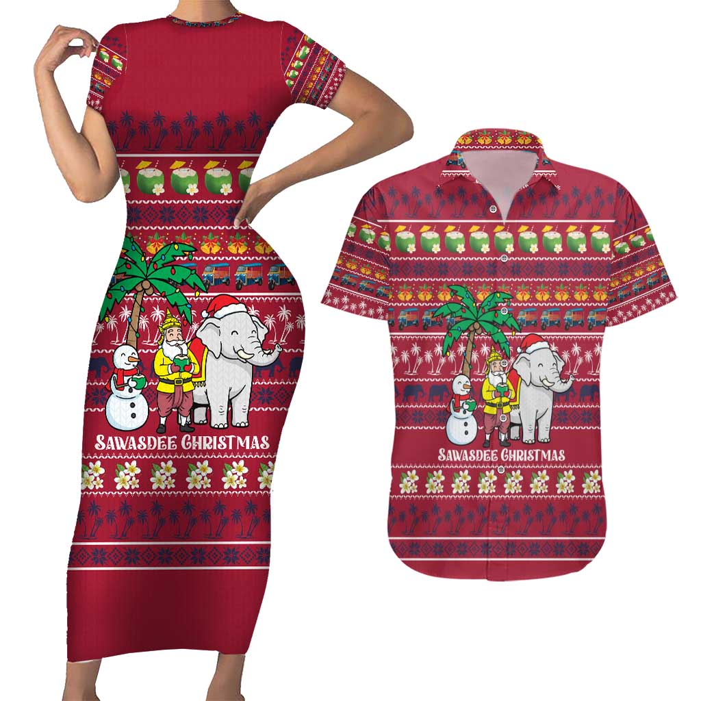 Thailand Christmas Couples Matching Short Sleeve Bodycon Dress and Hawaiian Shirt with Santa Elephant Snowman Palm Tree and Sawasdee Holiday - Wonder Print Shop