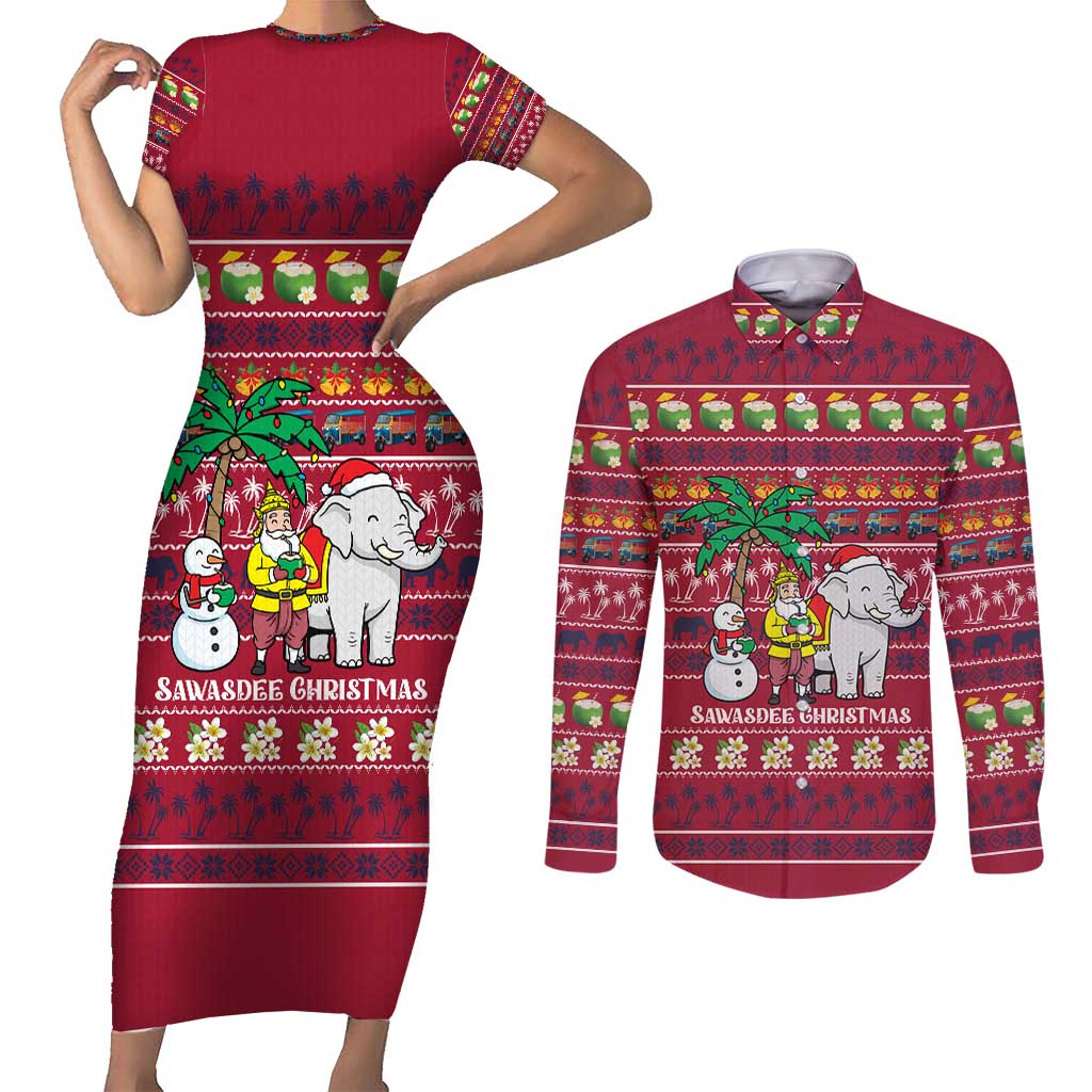 Thailand Christmas Couples Matching Short Sleeve Bodycon Dress and Long Sleeve Button Shirt with Santa Elephant Snowman Palm Tree and Sawasdee Holiday - Wonder Print Shop