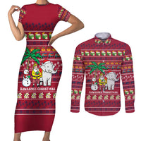 Thailand Christmas Couples Matching Short Sleeve Bodycon Dress and Long Sleeve Button Shirt with Santa Elephant Snowman Palm Tree and Sawasdee Holiday - Wonder Print Shop