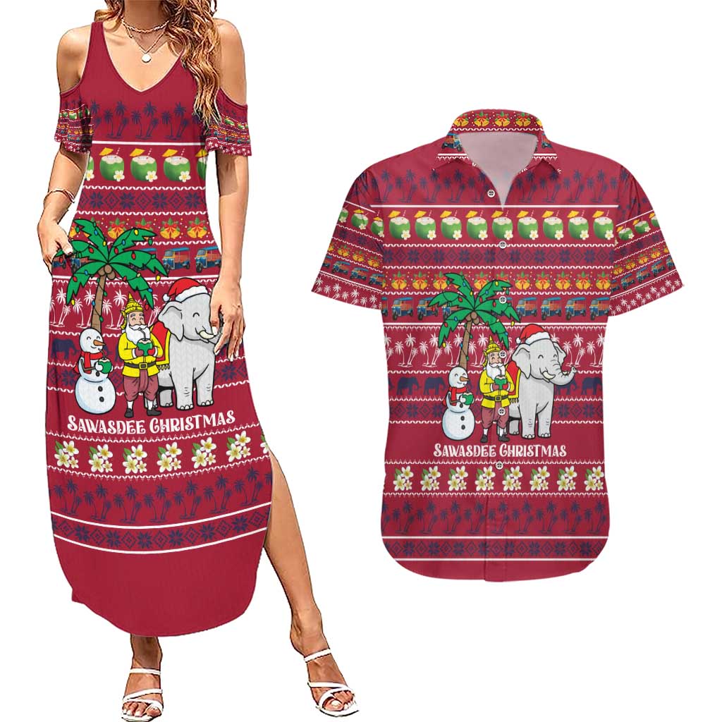 Thailand Christmas Couples Matching Summer Maxi Dress and Hawaiian Shirt with Santa Elephant Snowman Palm Tree and Sawasdee Holiday - Wonder Print Shop