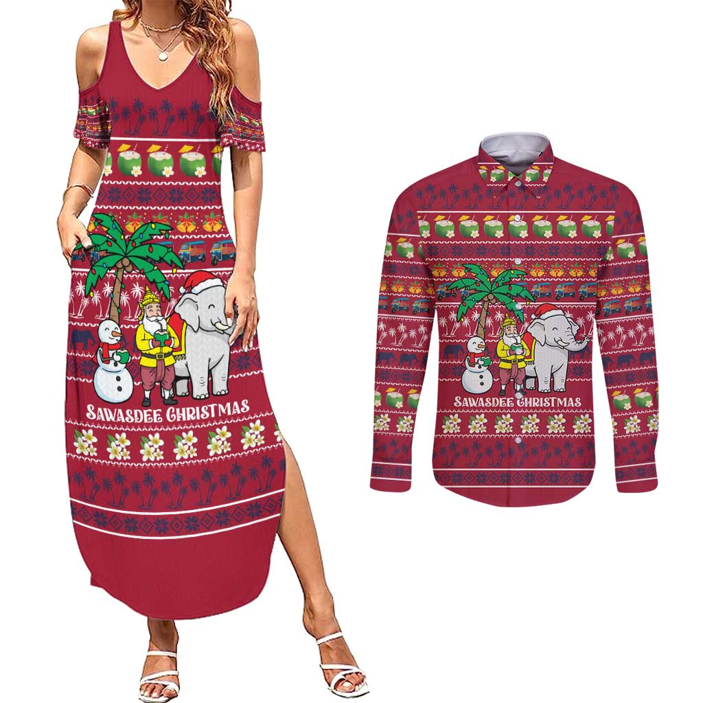 Thailand Christmas Couples Matching Summer Maxi Dress and Long Sleeve Button Shirt with Santa Elephant Snowman Palm Tree and Sawasdee Holiday - Wonder Print Shop