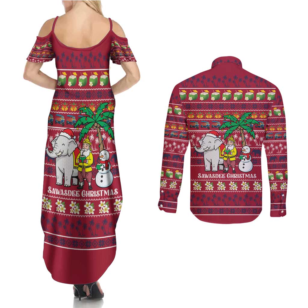 Thailand Christmas Couples Matching Summer Maxi Dress and Long Sleeve Button Shirt with Santa Elephant Snowman Palm Tree and Sawasdee Holiday - Wonder Print Shop