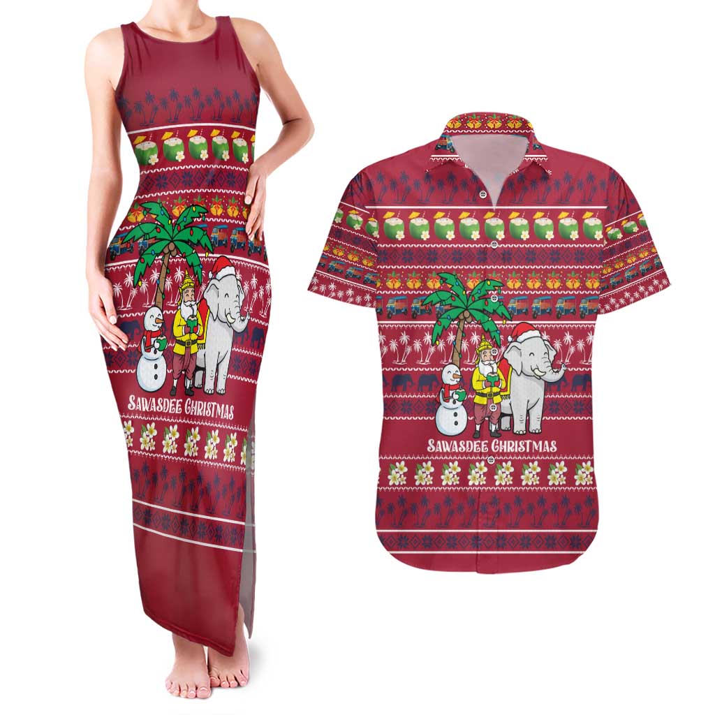 Thailand Christmas Couples Matching Tank Maxi Dress and Hawaiian Shirt with Santa Elephant Snowman Palm Tree and Sawasdee Holiday - Wonder Print Shop