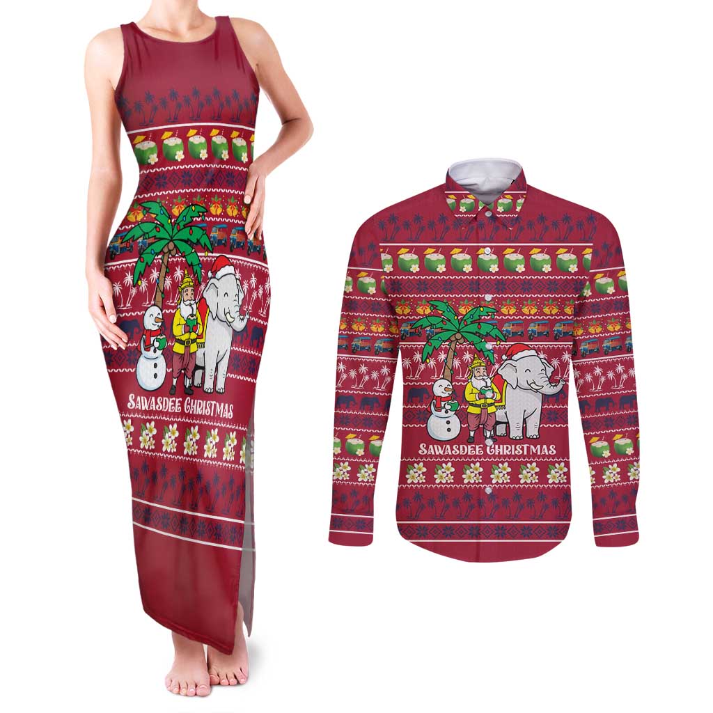 Thailand Christmas Couples Matching Tank Maxi Dress and Long Sleeve Button Shirt with Santa Elephant Snowman Palm Tree and Sawasdee Holiday - Wonder Print Shop
