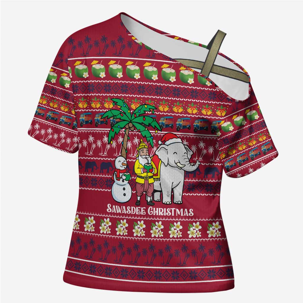 Thailand Christmas Cross Shoulder Shirt with Santa Elephant Snowman Palm Tree and Sawasdee Holiday - Wonder Print Shop