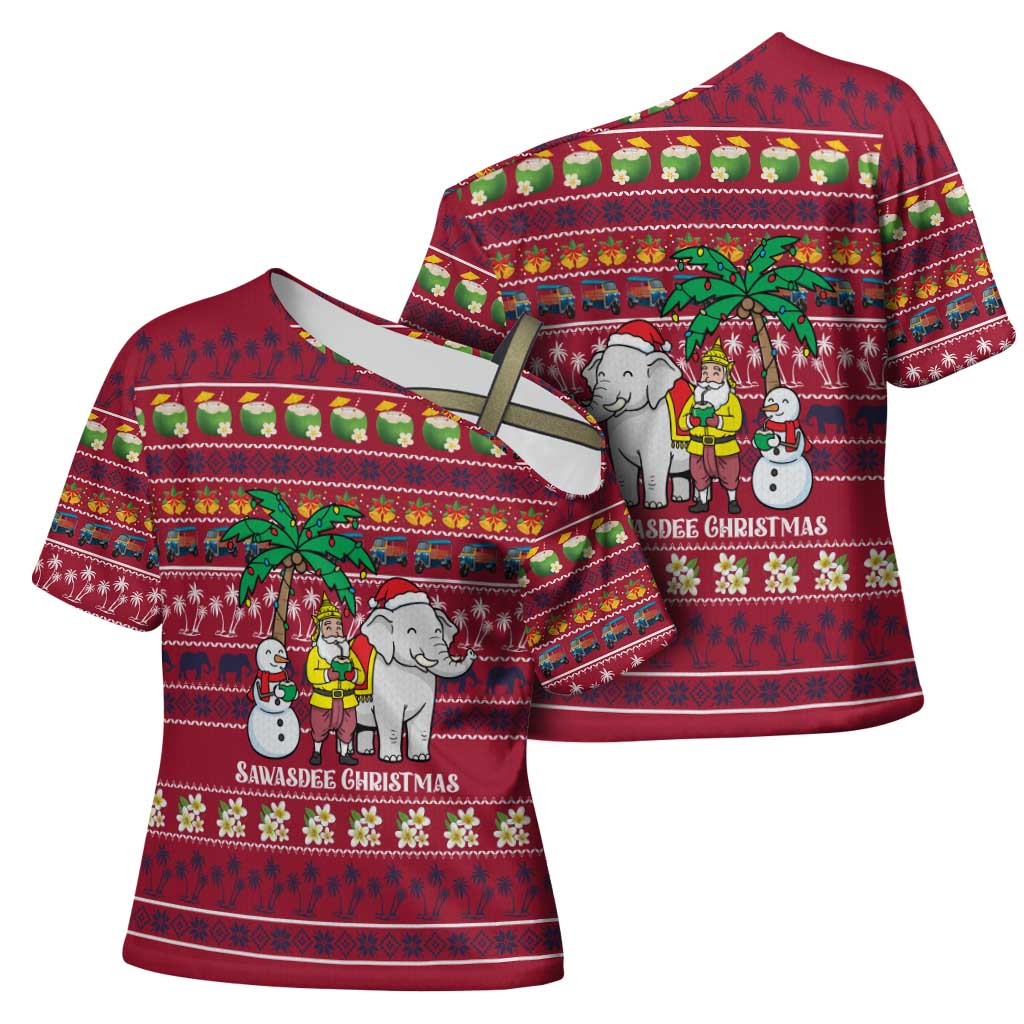 Thailand Christmas Cross Shoulder Shirt with Santa Elephant Snowman Palm Tree and Sawasdee Holiday - Wonder Print Shop