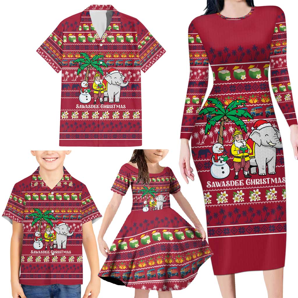Thailand Christmas Family Matching Long Sleeve Bodycon Dress and Hawaiian Shirt with Santa Elephant Snowman Palm Tree and Sawasdee Holiday - Wonder Print Shop