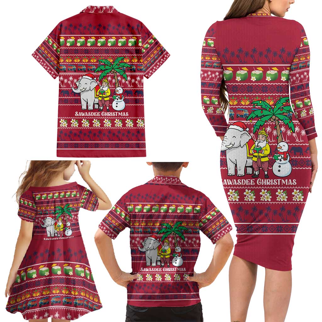 Thailand Christmas Family Matching Long Sleeve Bodycon Dress and Hawaiian Shirt with Santa Elephant Snowman Palm Tree and Sawasdee Holiday - Wonder Print Shop