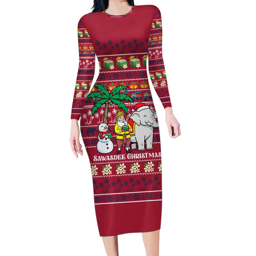 Thailand Christmas Family Matching Long Sleeve Bodycon Dress and Hawaiian Shirt with Santa Elephant Snowman Palm Tree and Sawasdee Holiday - Wonder Print Shop