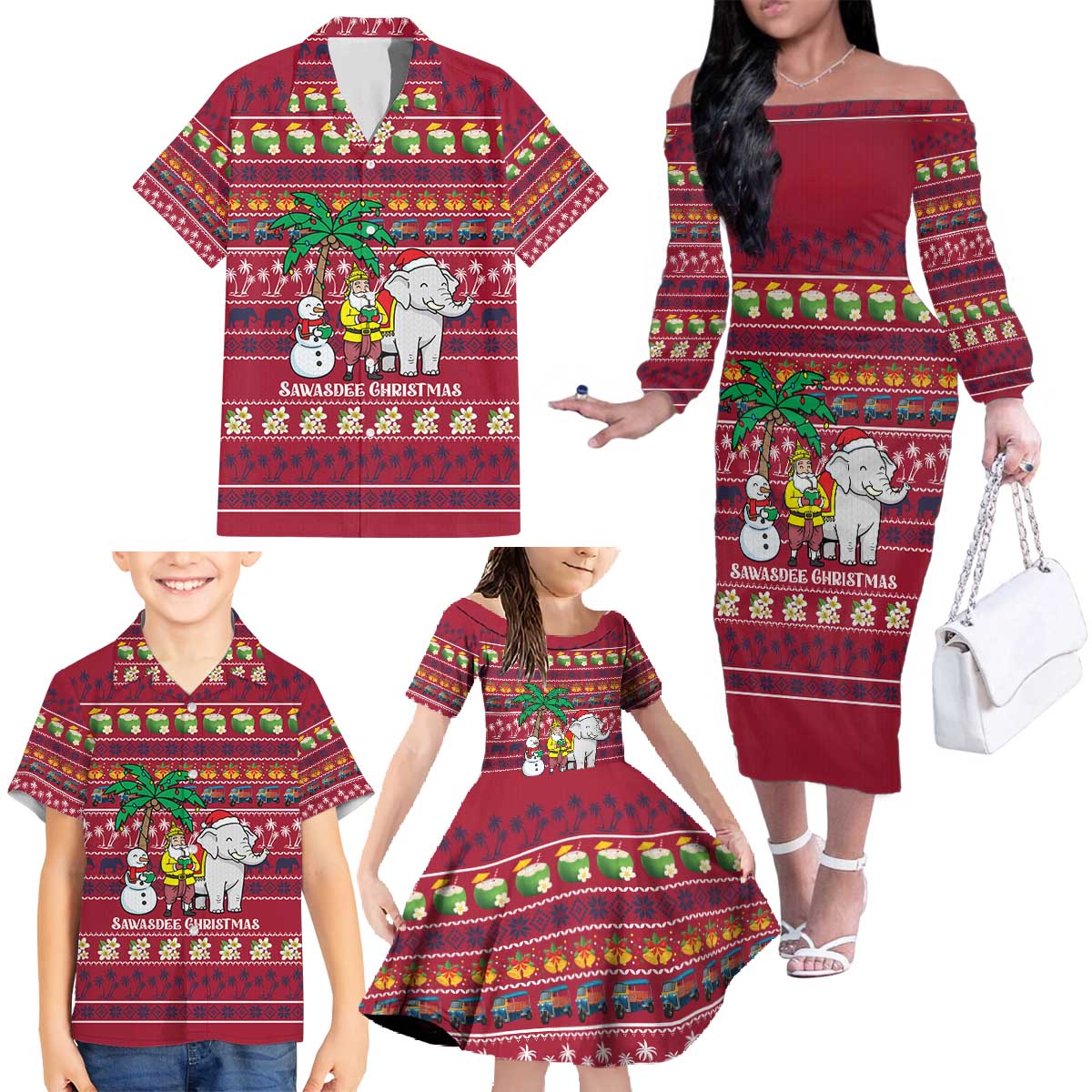 Thailand Christmas Family Matching Off The Shoulder Long Sleeve Dress and Hawaiian Shirt with Santa Elephant Snowman Palm Tree and Sawasdee Holiday - Wonder Print Shop