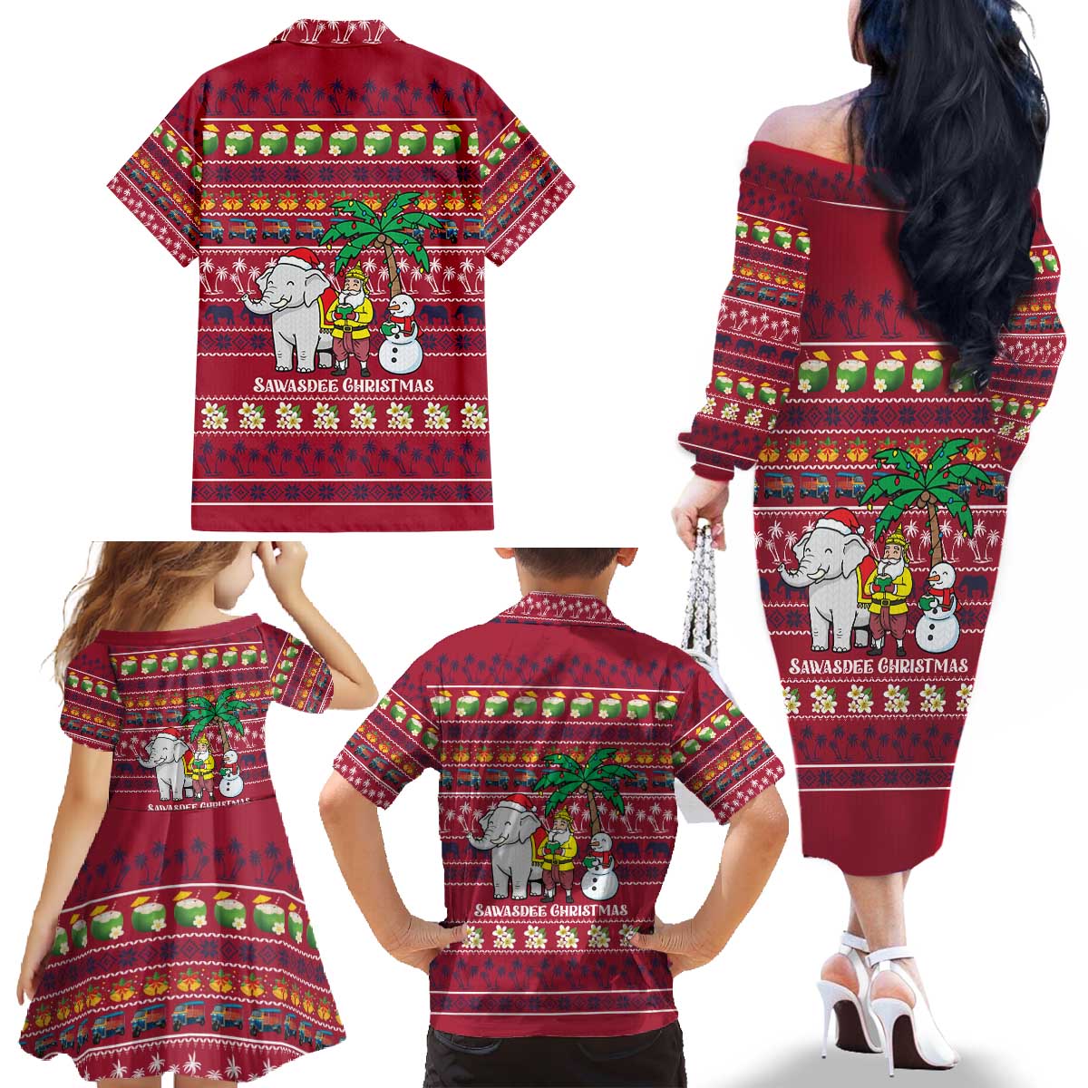 Thailand Christmas Family Matching Off The Shoulder Long Sleeve Dress and Hawaiian Shirt with Santa Elephant Snowman Palm Tree and Sawasdee Holiday - Wonder Print Shop