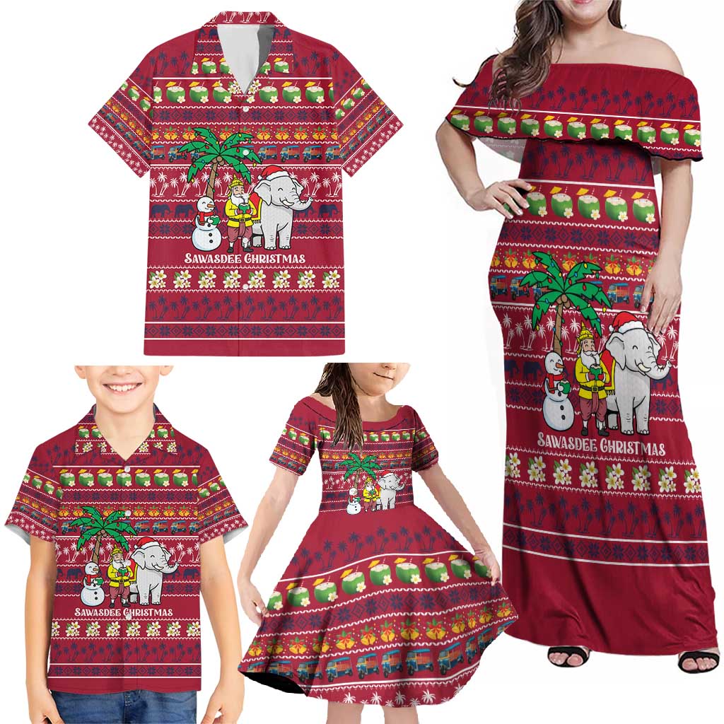Thailand Christmas Family Matching Off Shoulder Maxi Dress and Hawaiian Shirt with Santa Elephant Snowman Palm Tree and Sawasdee Holiday - Wonder Print Shop