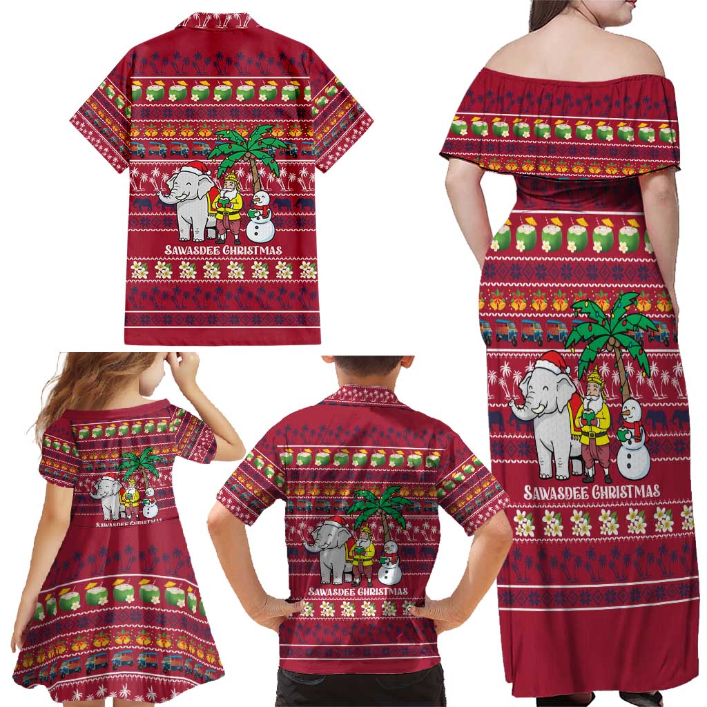Thailand Christmas Family Matching Off Shoulder Maxi Dress and Hawaiian Shirt with Santa Elephant Snowman Palm Tree and Sawasdee Holiday - Wonder Print Shop