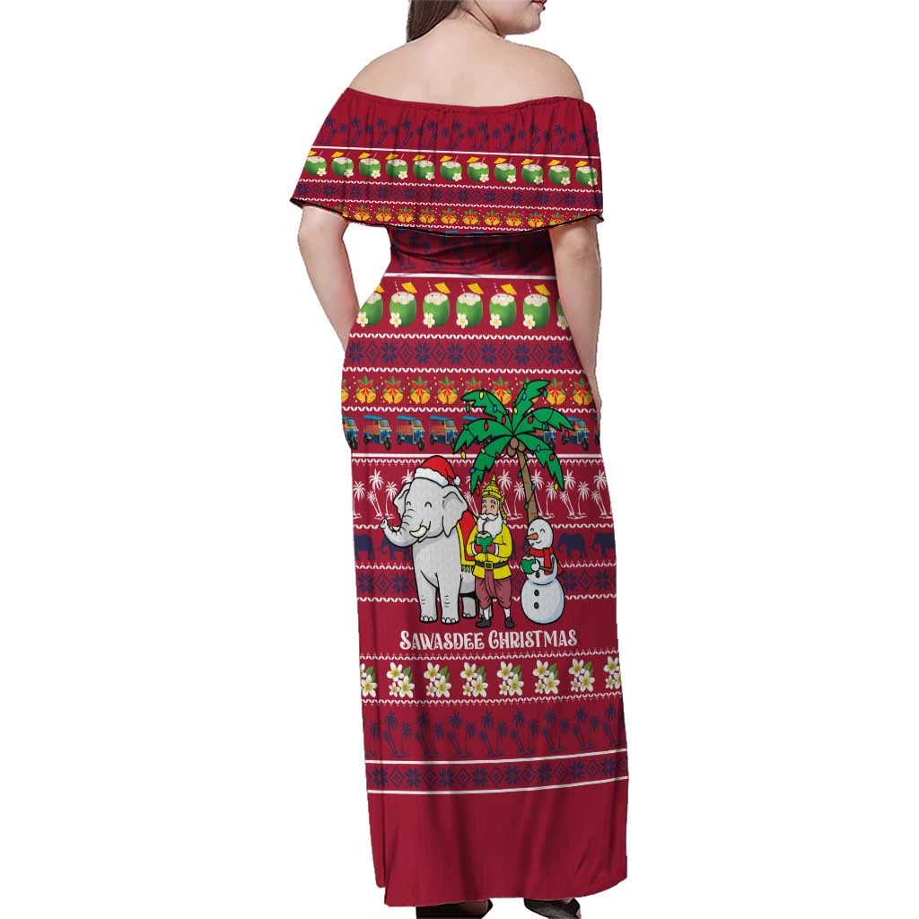 Thailand Christmas Family Matching Off Shoulder Maxi Dress and Hawaiian Shirt with Santa Elephant Snowman Palm Tree and Sawasdee Holiday - Wonder Print Shop
