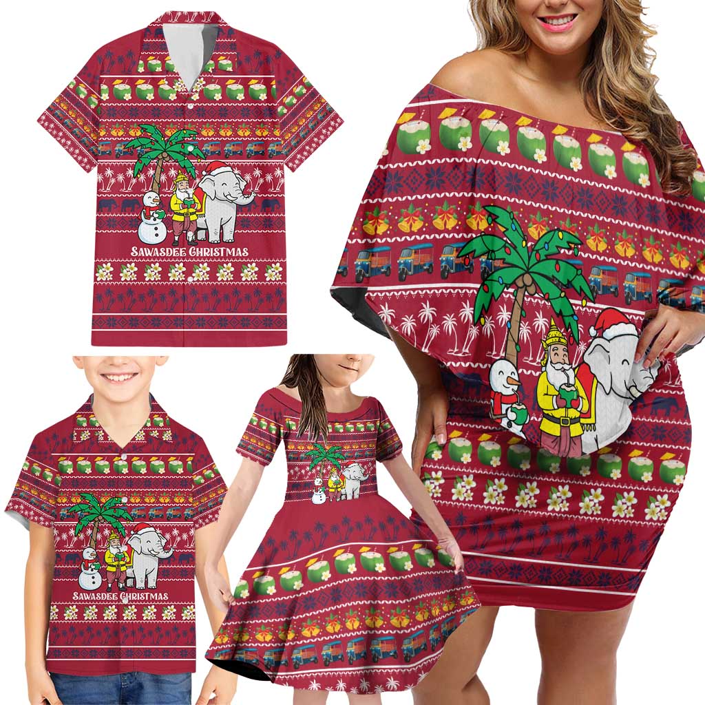 Thailand Christmas Family Matching Off Shoulder Short Dress and Hawaiian Shirt with Santa Elephant Snowman Palm Tree and Sawasdee Holiday - Wonder Print Shop