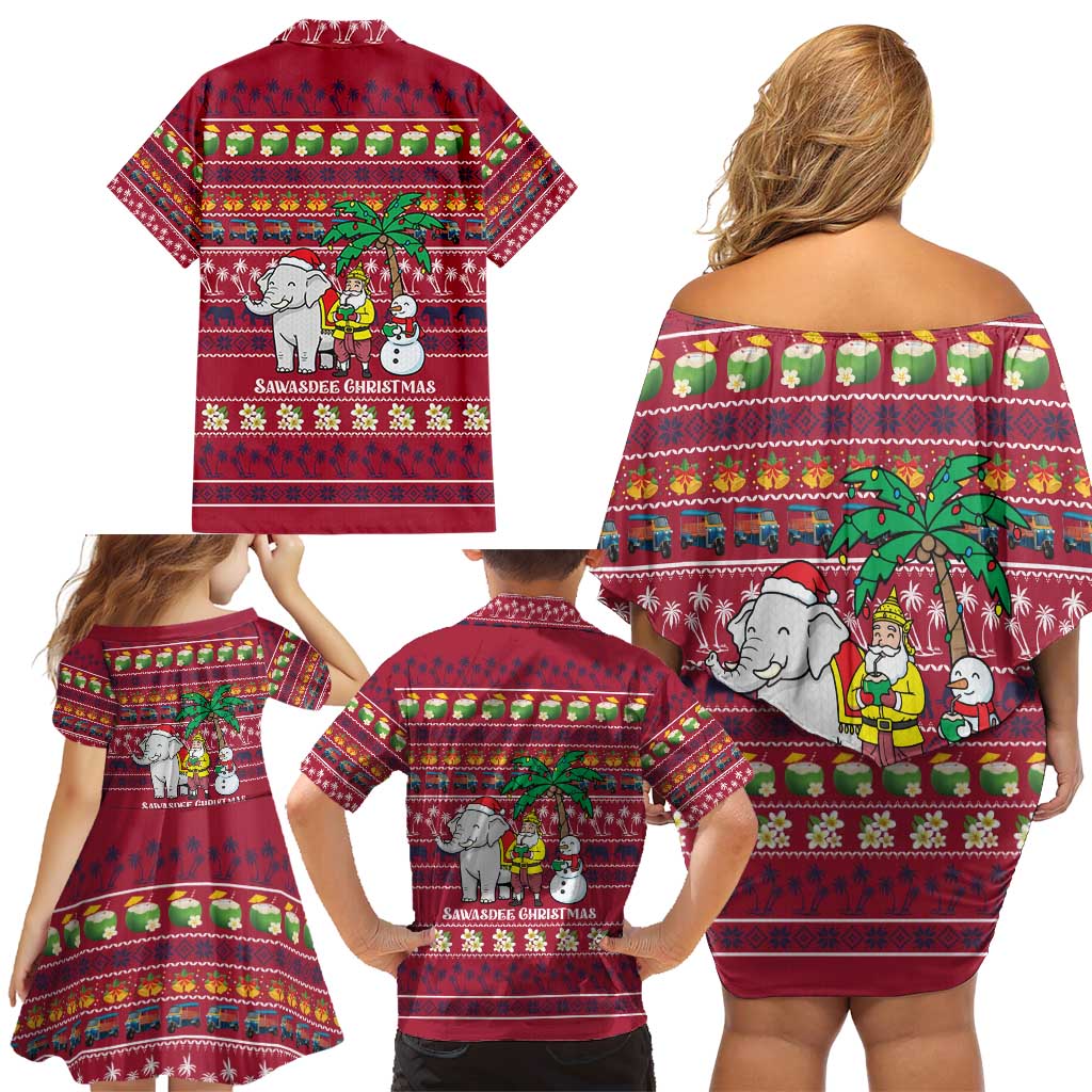 Thailand Christmas Family Matching Off Shoulder Short Dress and Hawaiian Shirt with Santa Elephant Snowman Palm Tree and Sawasdee Holiday - Wonder Print Shop