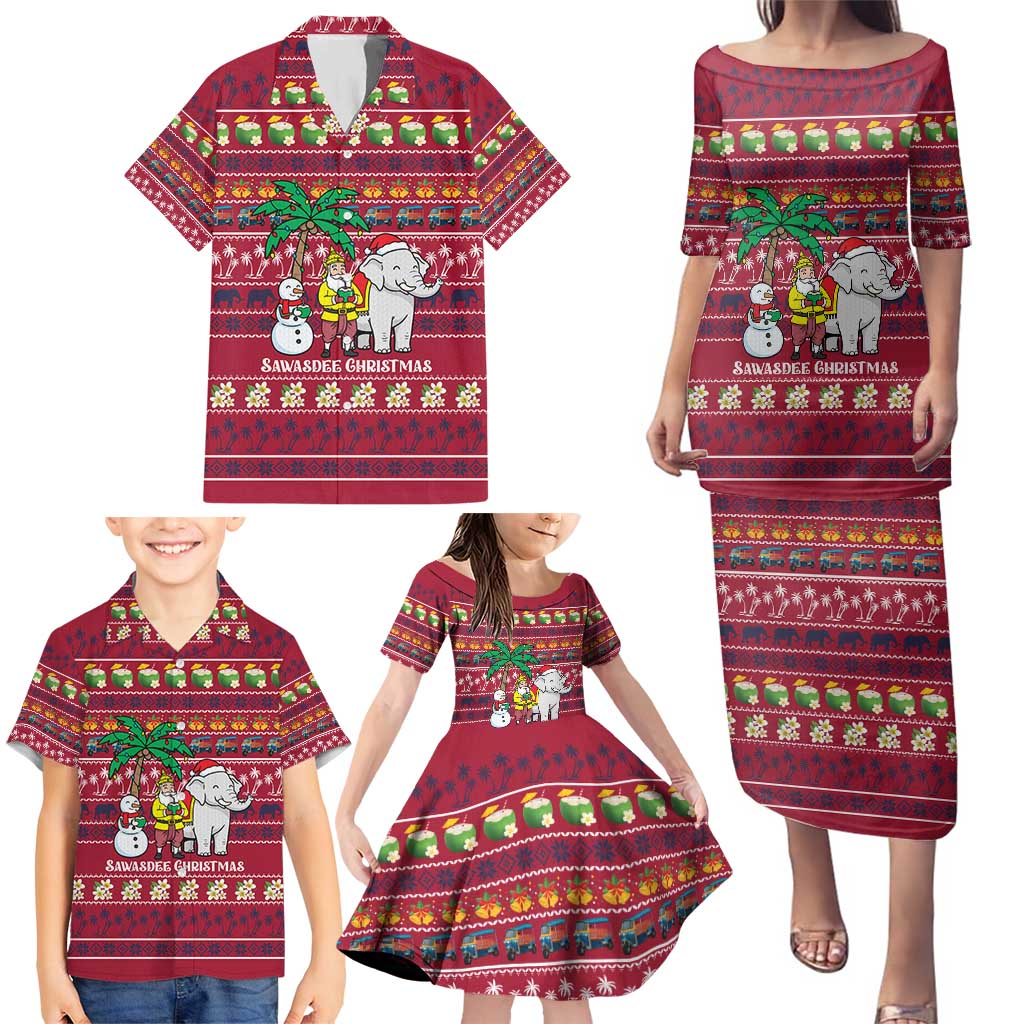 Thailand Christmas Family Matching Puletasi and Hawaiian Shirt with Santa Elephant Snowman Palm Tree and Sawasdee Holiday - Wonder Print Shop