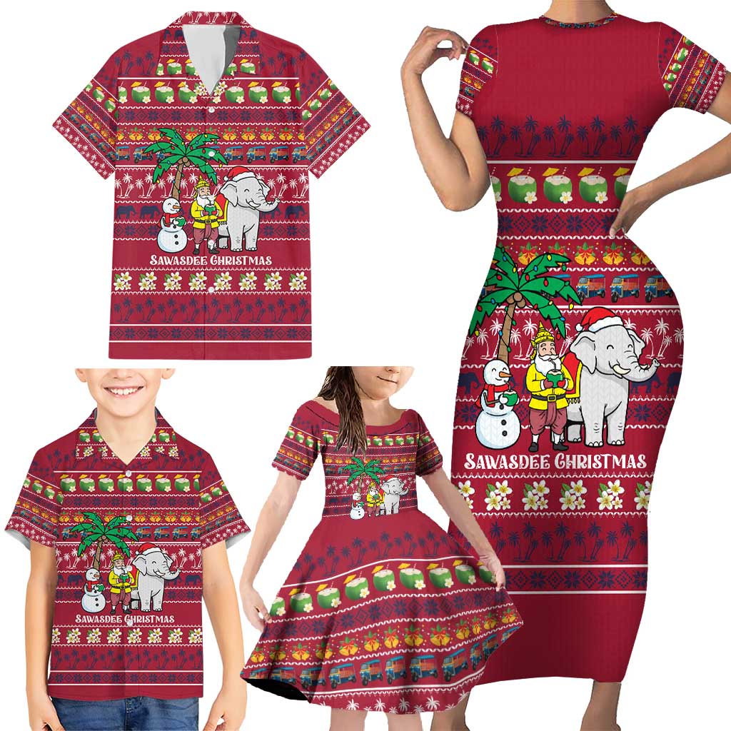 Thailand Christmas Family Matching Short Sleeve Bodycon Dress and Hawaiian Shirt with Santa Elephant Snowman Palm Tree and Sawasdee Holiday - Wonder Print Shop