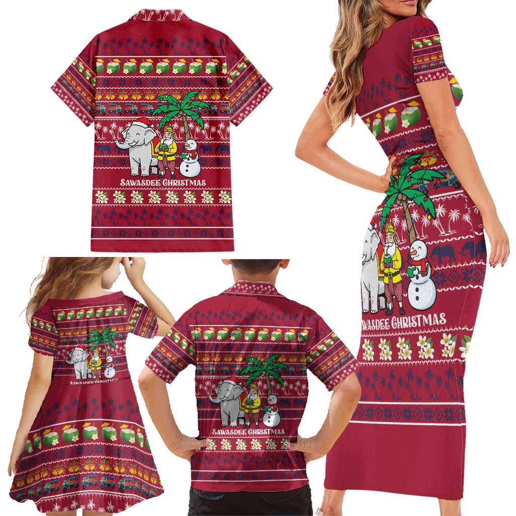 Thailand Christmas Family Matching Short Sleeve Bodycon Dress and Hawaiian Shirt with Santa Elephant Snowman Palm Tree and Sawasdee Holiday - Wonder Print Shop