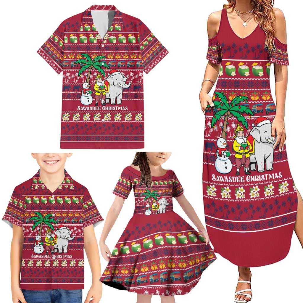 Thailand Christmas Family Matching Summer Maxi Dress and Hawaiian Shirt with Santa Elephant Snowman Palm Tree and Sawasdee Holiday - Wonder Print Shop