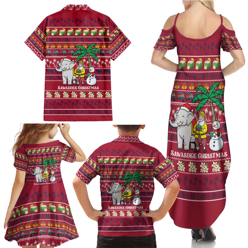 Thailand Christmas Family Matching Summer Maxi Dress and Hawaiian Shirt with Santa Elephant Snowman Palm Tree and Sawasdee Holiday - Wonder Print Shop