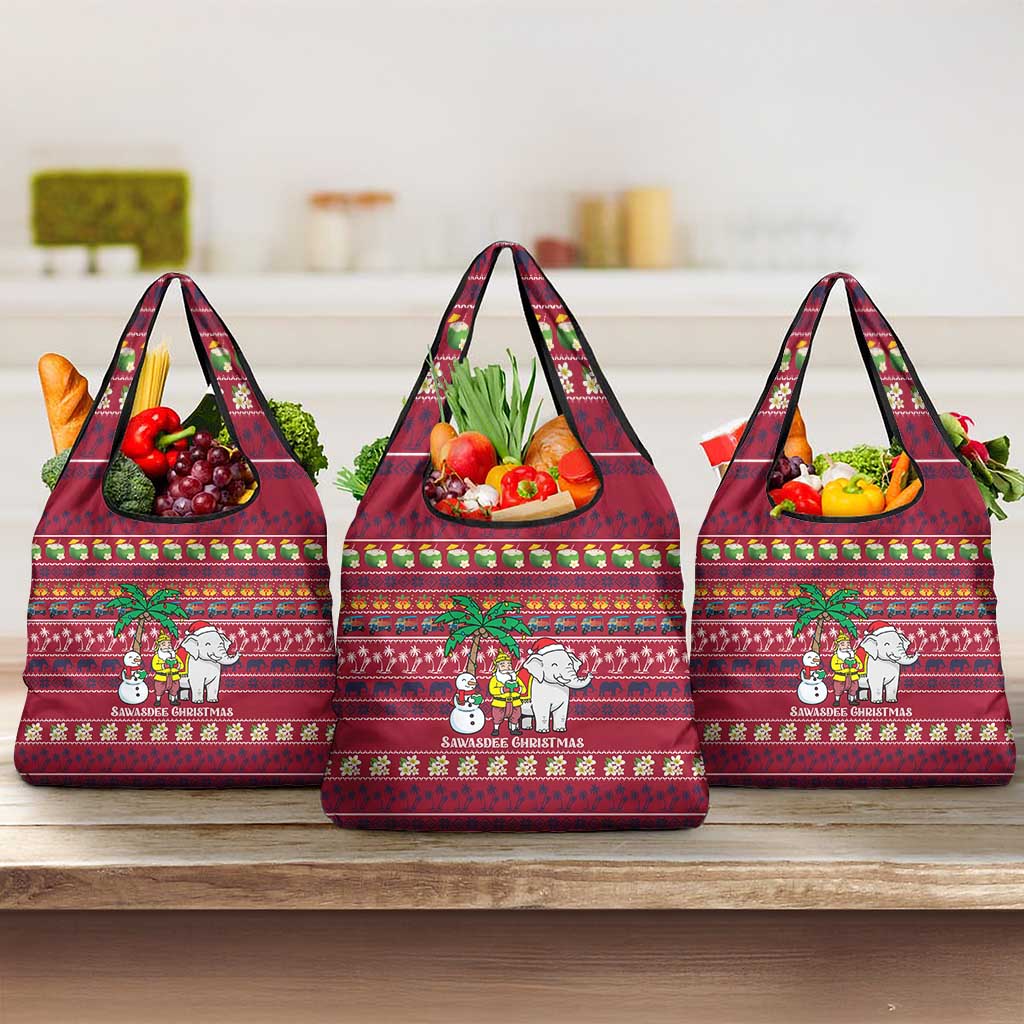 Thailand Christmas Grocery Bag with Santa Elephant Snowman Palm Tree and Sawasdee Holiday - Wonder Print Shop