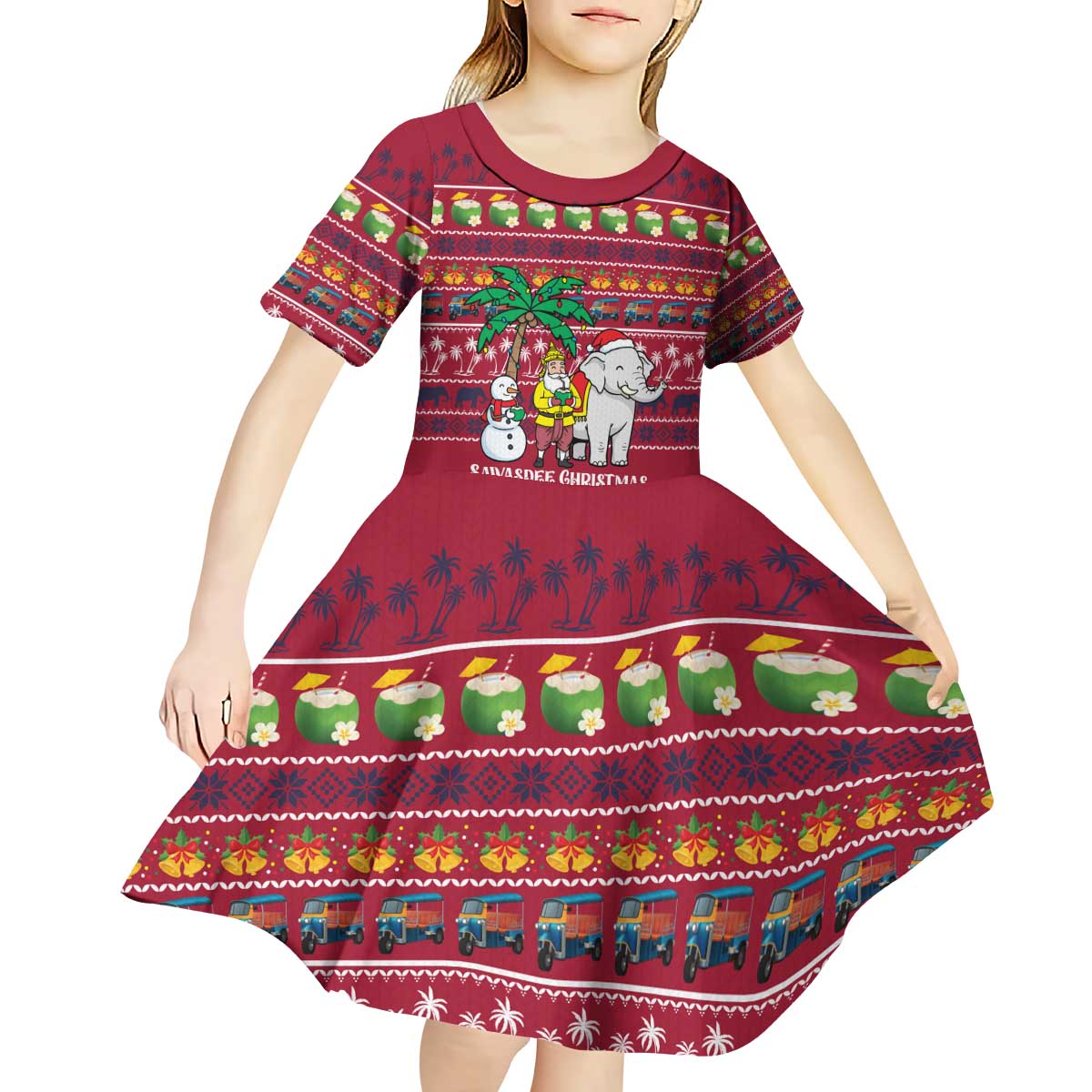 Thailand Christmas Kid Short Sleeve Dress with Santa Elephant Snowman Palm Tree and Sawasdee Holiday - Wonder Print Shop